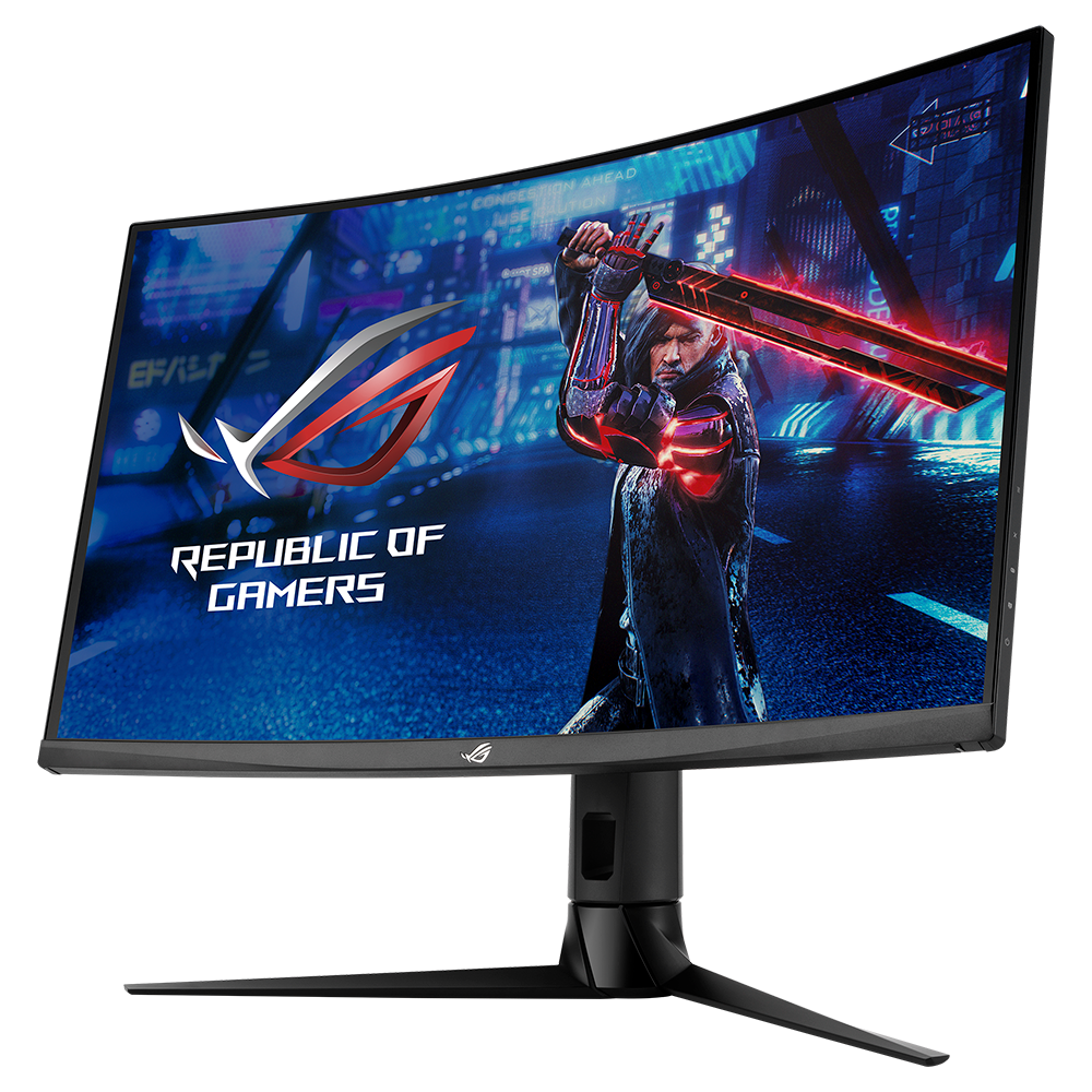 A view of a PC monitor from the front right, lower down so you can see the curve of the monitor