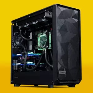 A sleek customizable gaming PC with a geometric black front panel, liquid cooling system, RGB lighting, and a transparent side panel showcasing internal components, set against a vibrant yellow background.