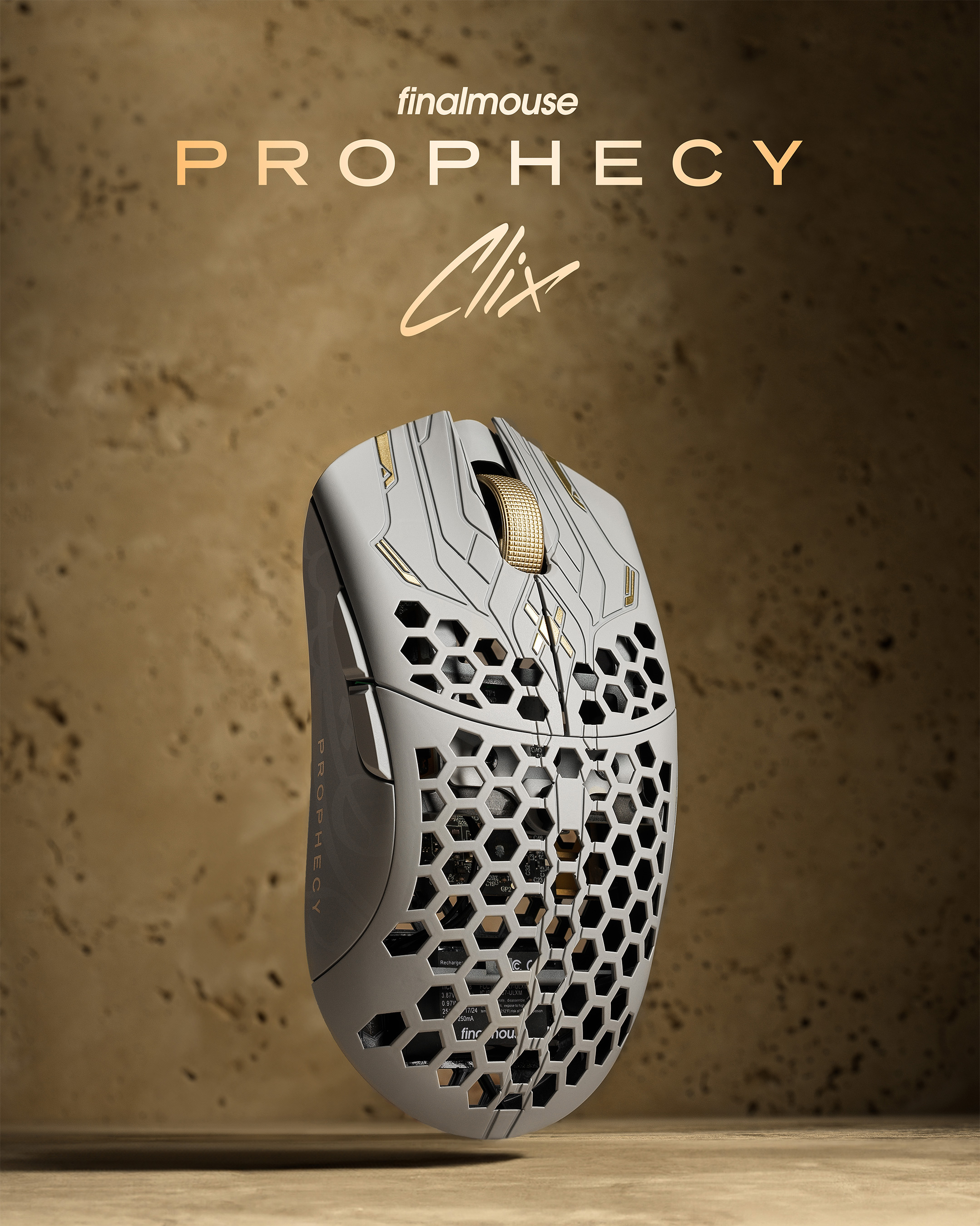 The Finalmouse Prophecy Clix edition, stood vertical on a sandstone background