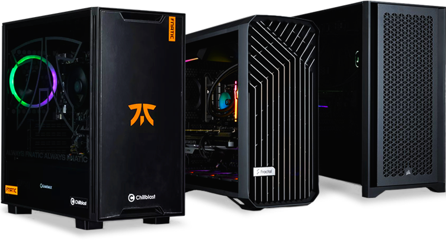 Three refurbished Chillblast gaming PCs with sleek black designs. The first has a Fnatic logo and RGB lighting, the second features a Fractal grill design, and the third has a Corsair mesh front for airflow.