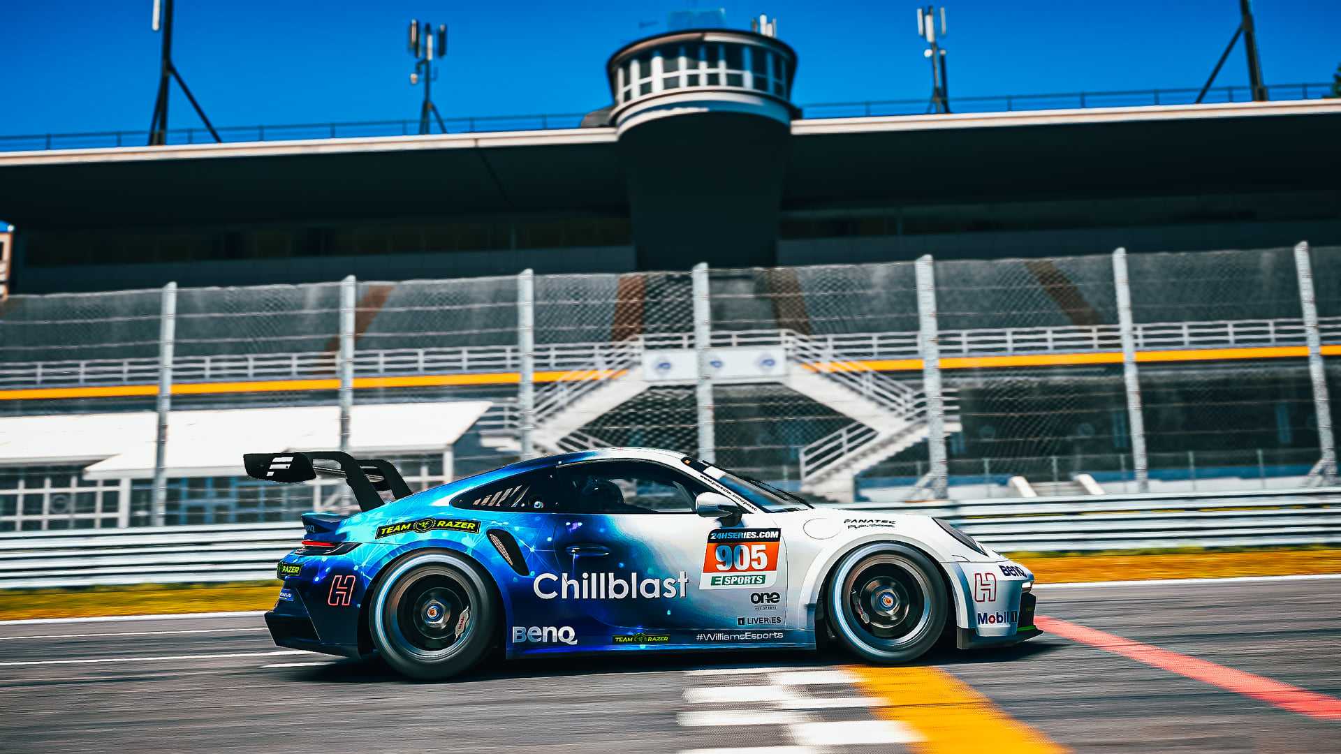 Chillblast Racing Car with blue and white decals on a track