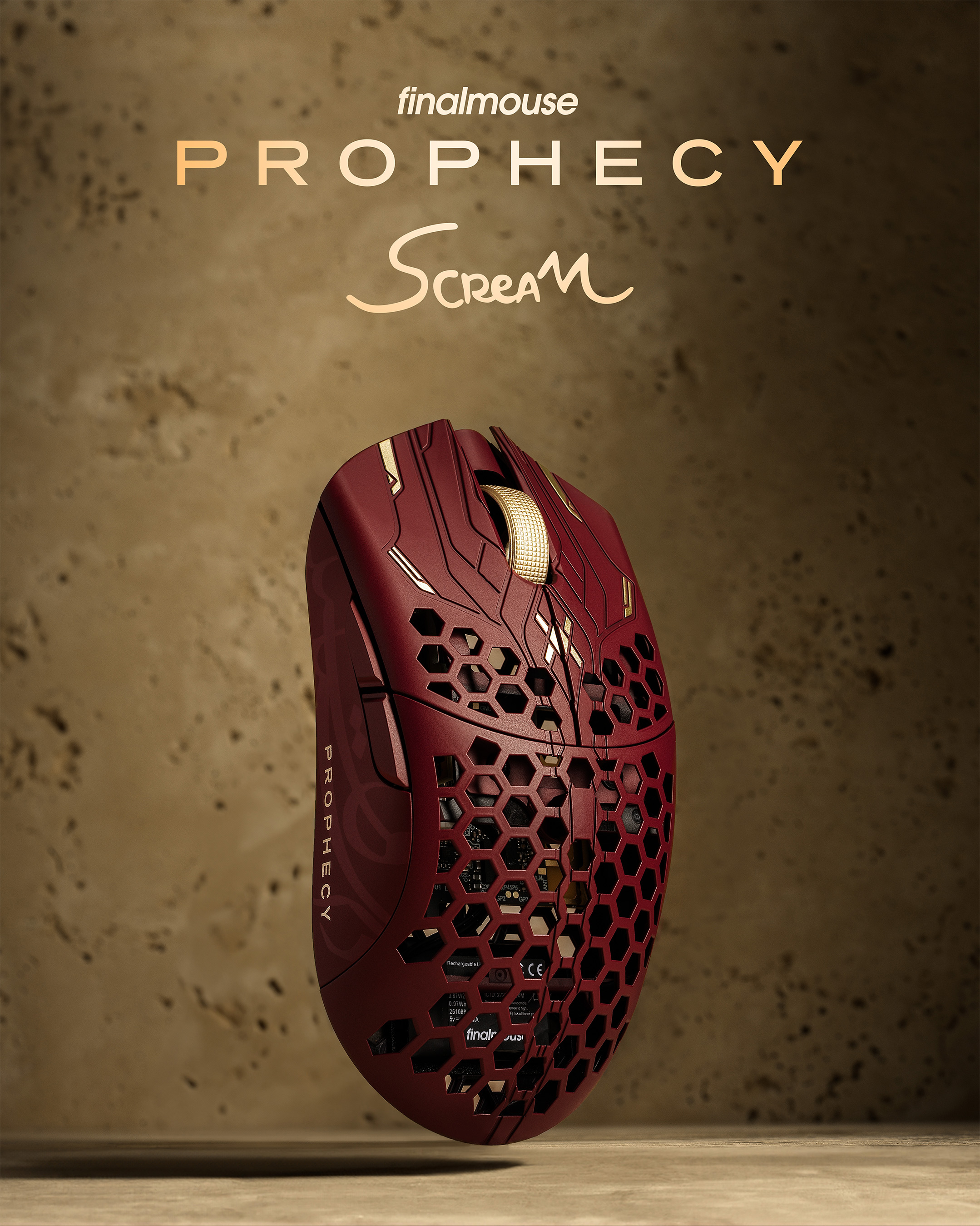 A red UltralightX Prophecy mouse against a sandstone background
