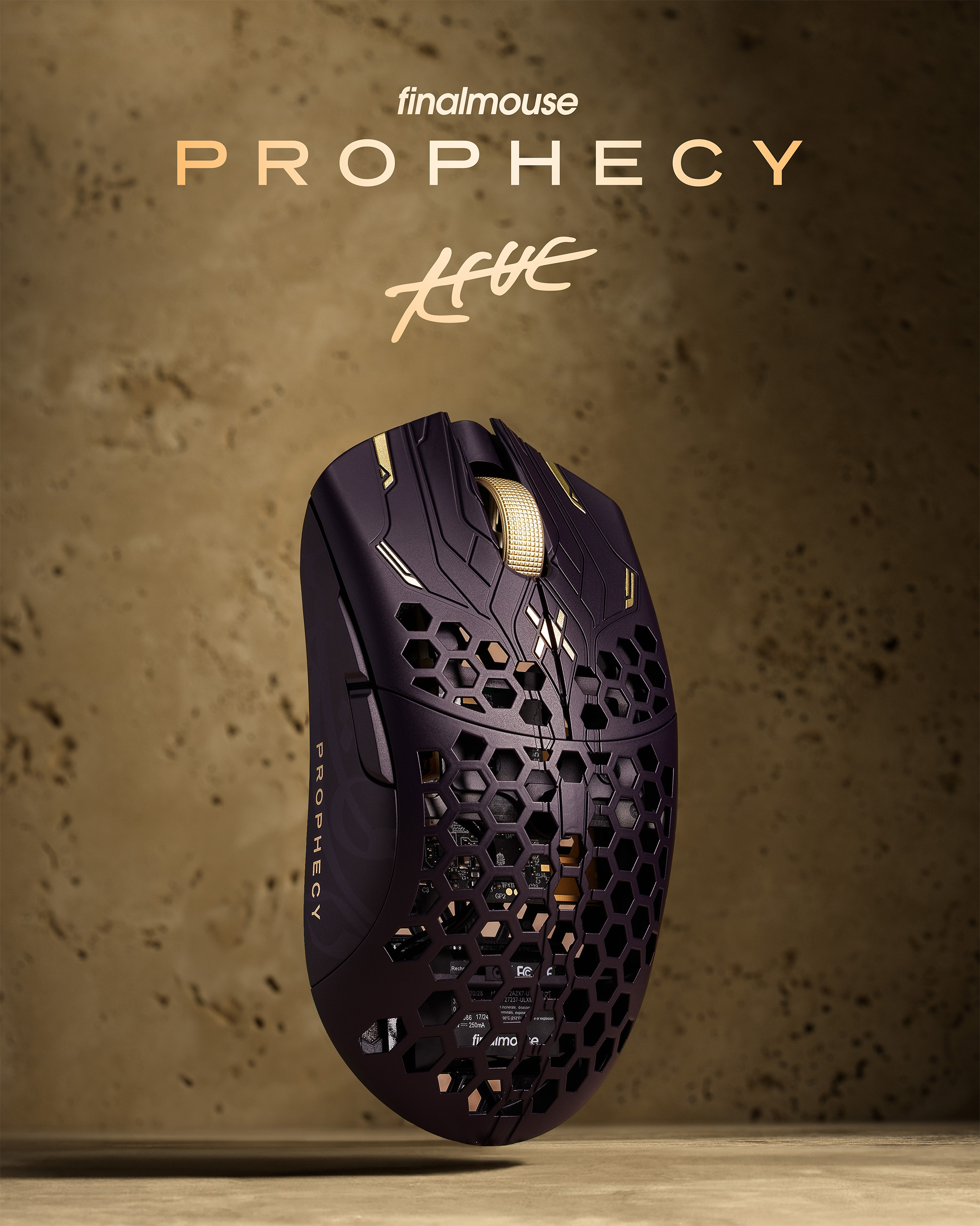 A purple UltralightX Prophecy mouse against a sandstone background