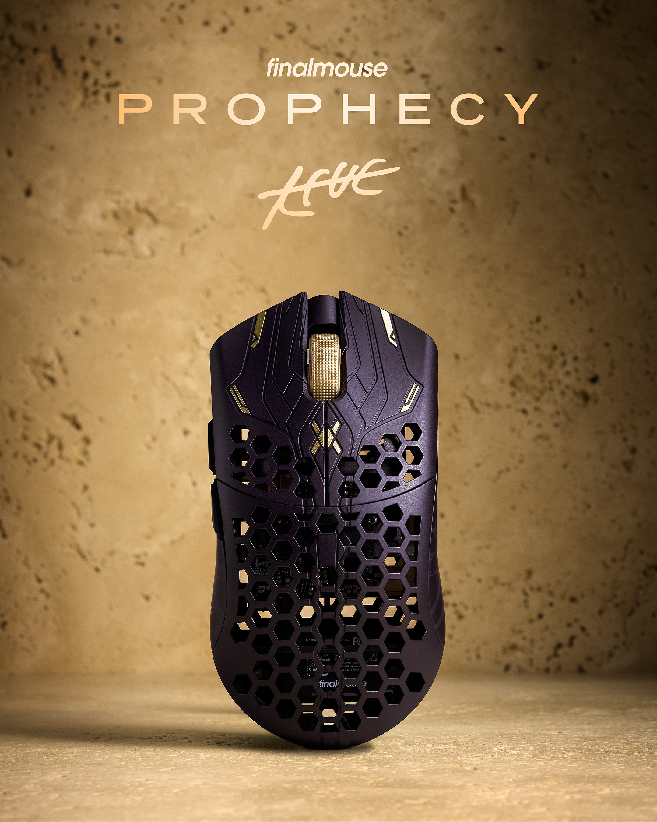 A purple UltralightX Prophecy mouse against a sandstone background