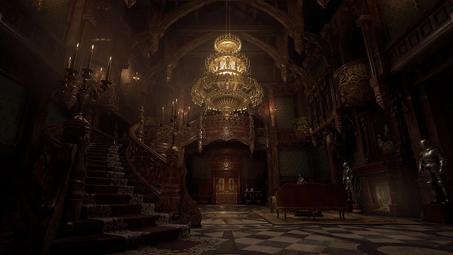 Gameplay capture image from Resident Evil Village of a grand foyer inside Castle Dimitrescu lit up by a large chandelier