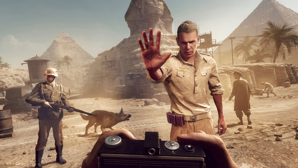 A tense standoff in front of the Great Sphinx and pyramids of Egypt, with a soldier holding a rifle and a commanding figure gesturing to stop, as a camera is pointed at the scene from the foreground