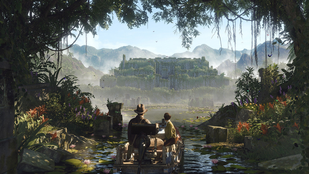 Two characters on a small wooden boat navigating a serene jungle river surrounded by vibrant vegetation, approaching a massive, overgrown ancient temple in the distance under a bright, clear sky