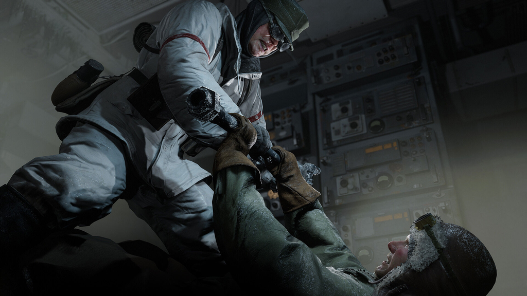 A dramatic fight scene set in a cold, industrial arctic environment, with one man in a white snow suit pinning another man to the ground inside a control room filled with equipment and frosty surroundings